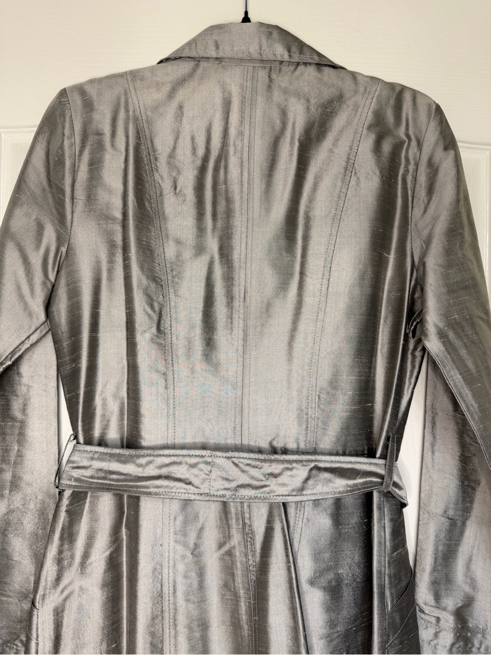 Vintage Silk Dupioni Belted Trench Coat Sz L Silver Taupe Shimmer Made in USA - Picture 7 of 10